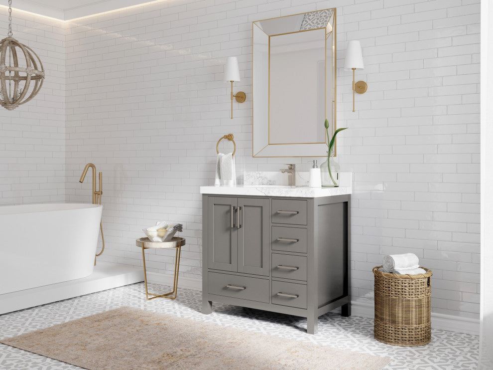 Malibu 36 Center Sink Bath Vanity in Elephant Skin Gray 2" White Quartz