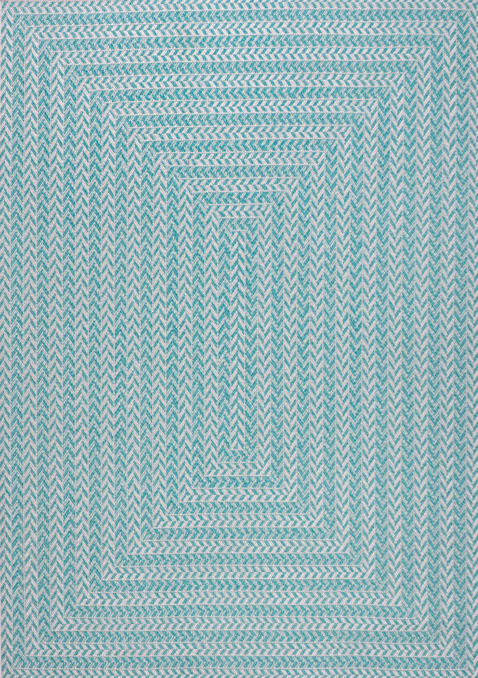 Chevron Modern Concentric Squares Indoor/Outdoor Area Rug, Aqua/Light Gray, 4x6