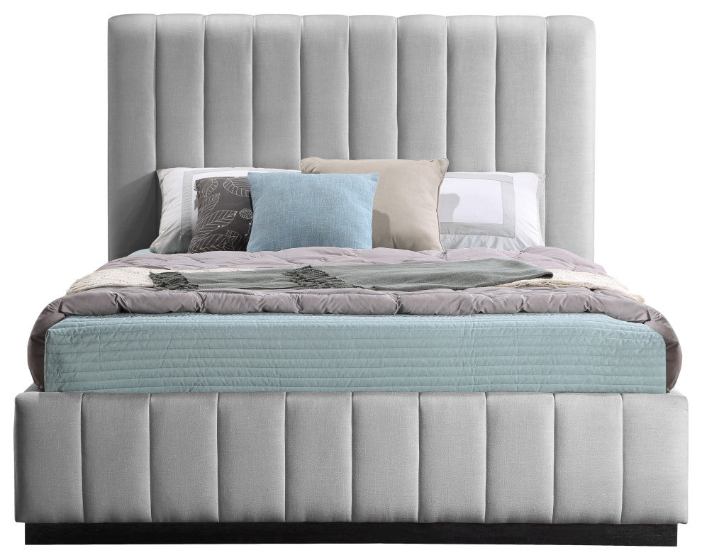 Lucia Beige Linen Textured Fabric Full Bed, Gray, Queen, Black Finish
