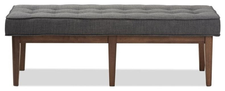 Lucca Mid-Century Modern Walnut Wood Dark Gray Button-Tufted Bench