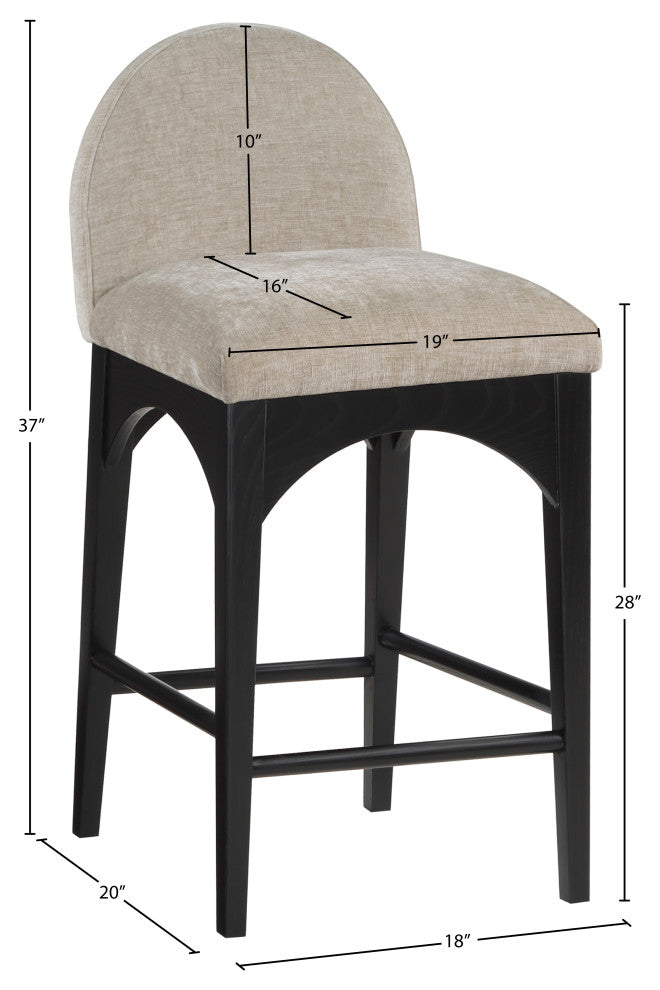 Waldorf Chenille Upholstered Stool, Black, Chenille, Natural Finish, Beige, Chenille Fabric, Black Finish