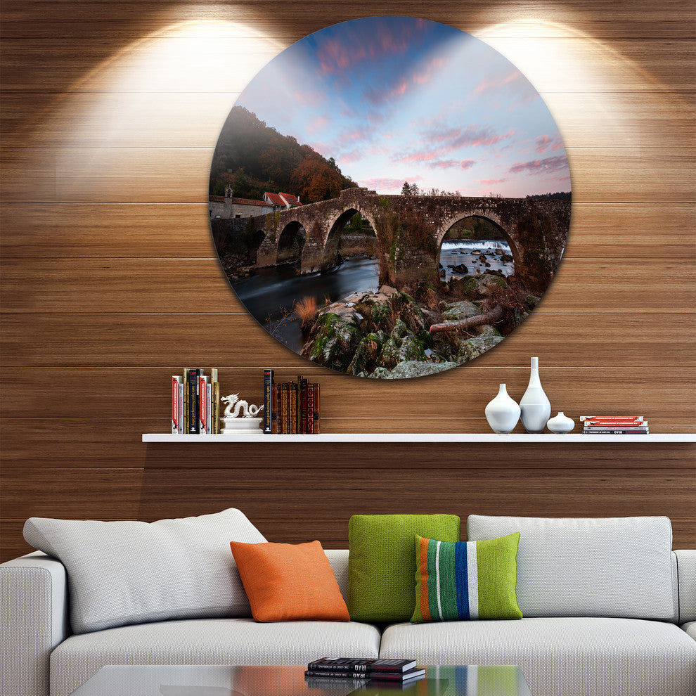 Old Roman Bridge In Spain, Landscape Photo Disc Metal Artwork, 23"