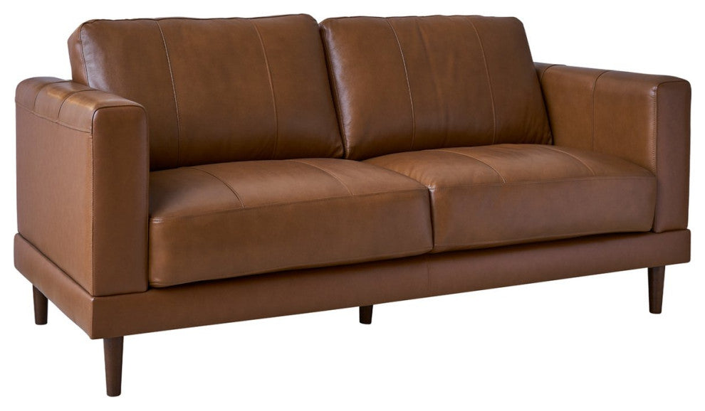 Modern Loveseat, Genuine Leather Upholstered Seat & Stitched Accents, Tan