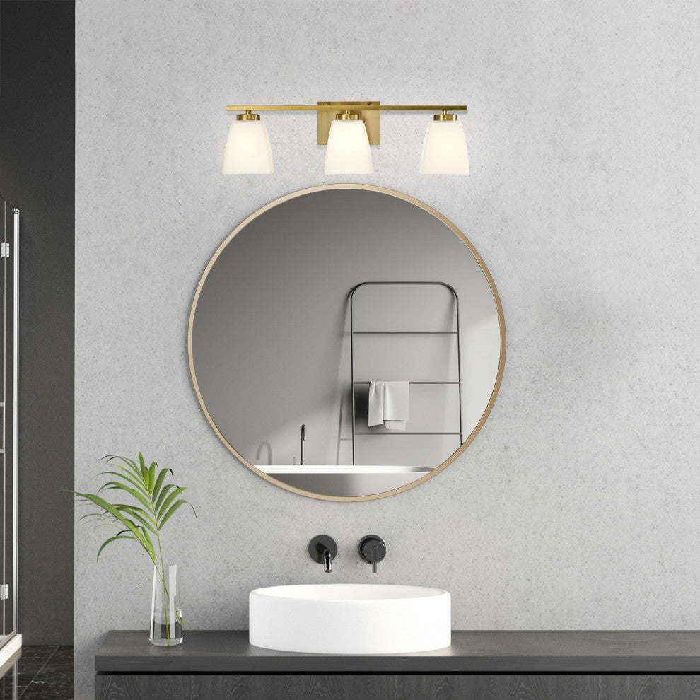 22 in. 3-Light Gold Modern Vanity Light With Square Etched White Glass Shades