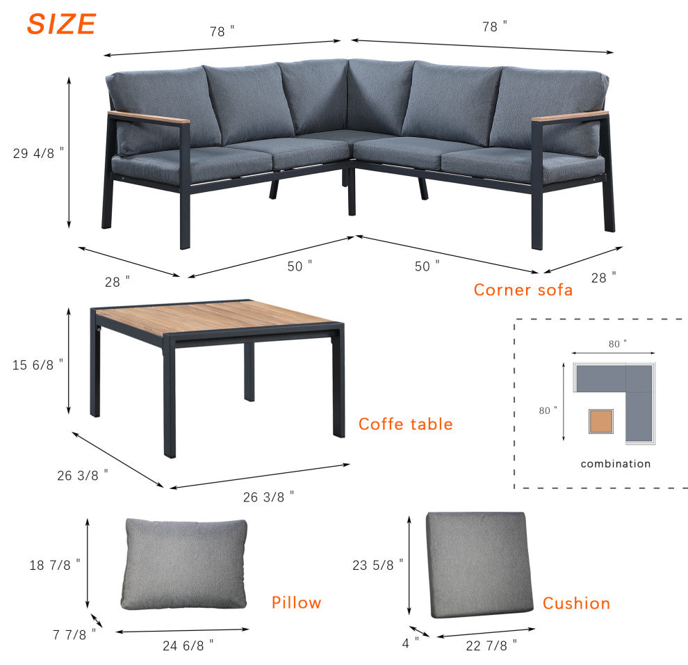 Rossio Outdoor Sectional Conversation Set ,Aluminum Frame,Teak Finish
