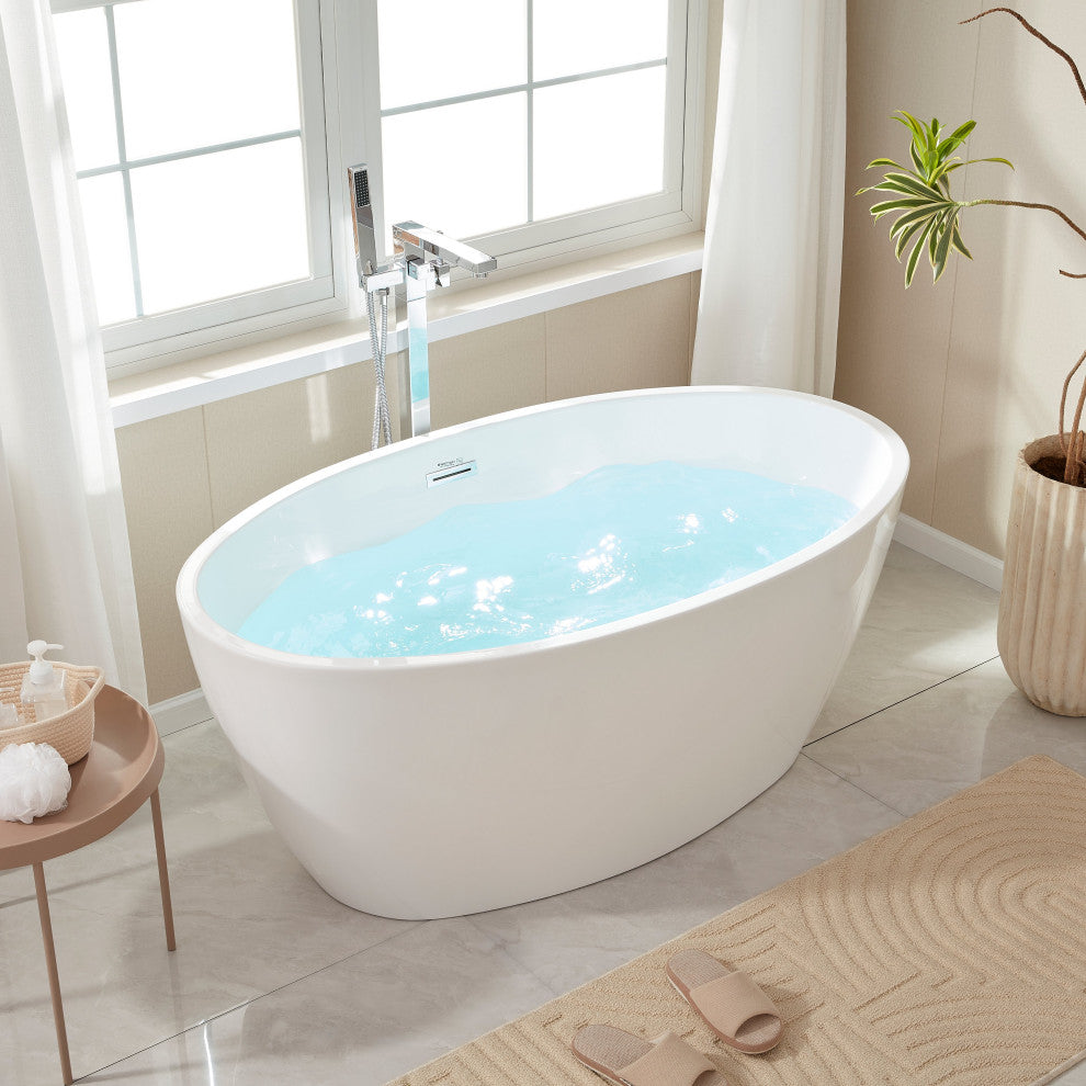 Vanity Art 55"x32" Acrylic Freestanding Soaking Bathtub, White/Classic Chrome