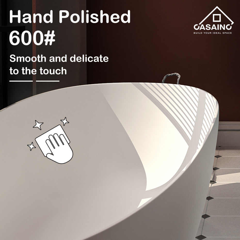 71in White Solid Surface Oval Freestanding Soaking Bathtub with Drain, 59in