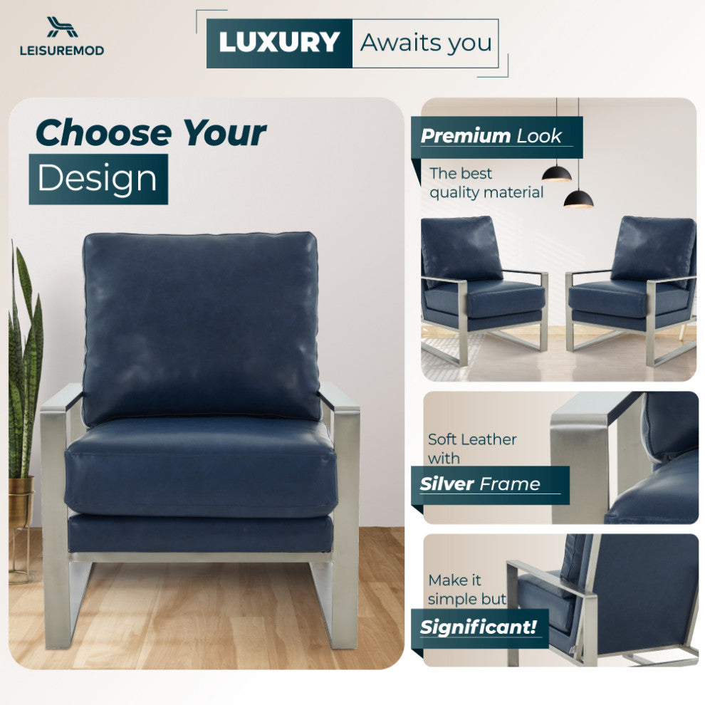 LeisureMod Jefferson Faux Leather Accent Armchair With Silver Frame, Navy Blue