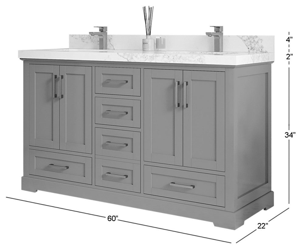 Boston 60" Double Bathroom Vanity in Fine Grain 2" Pearl Gray