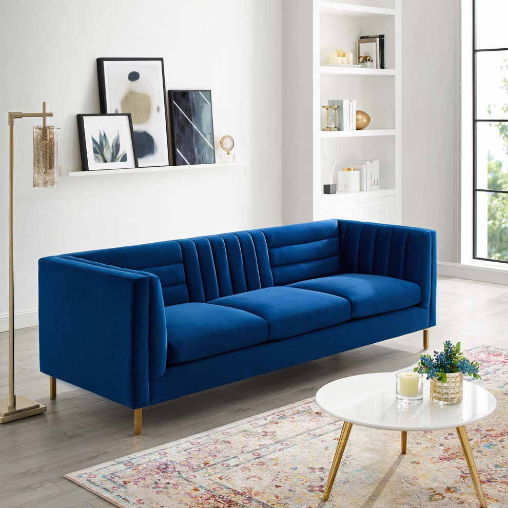 Channel Tufted Sofa, Velvet Couch, Navy Blue