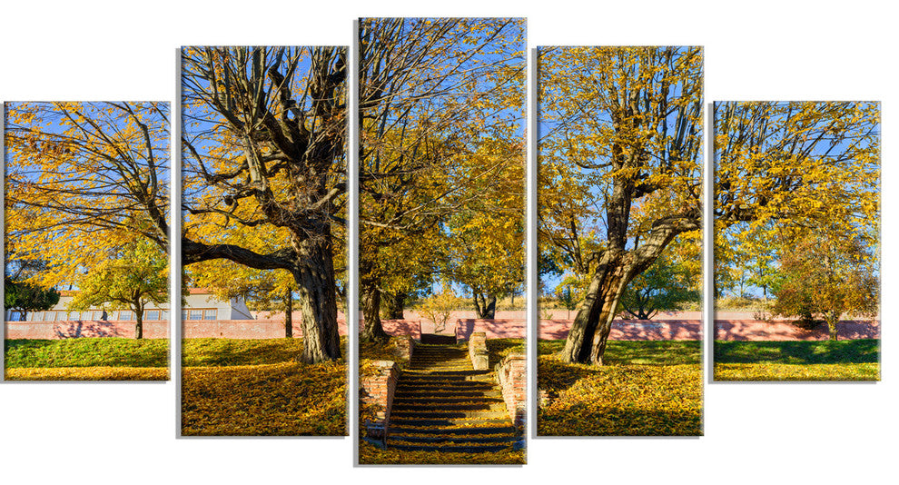 "Stone Stairs in Park in Fall" Landscape Wall Art, 60"x32", 5-Panels