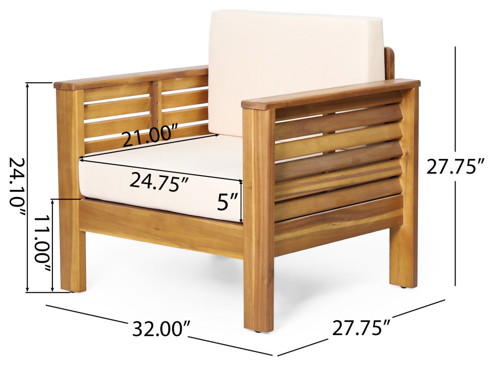 Rabun Outdoor Acacia Wood Club Chairs with Cushions, Teak + Cream, Single