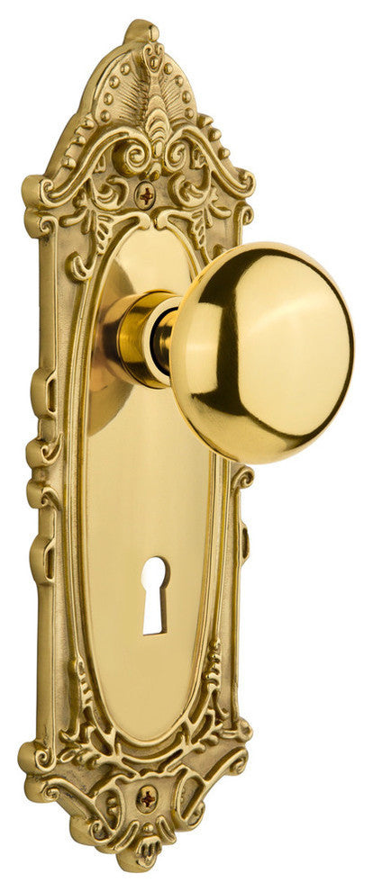 Victorian Plate Interior Mortise New York Door Knob, Unlacquered Brass