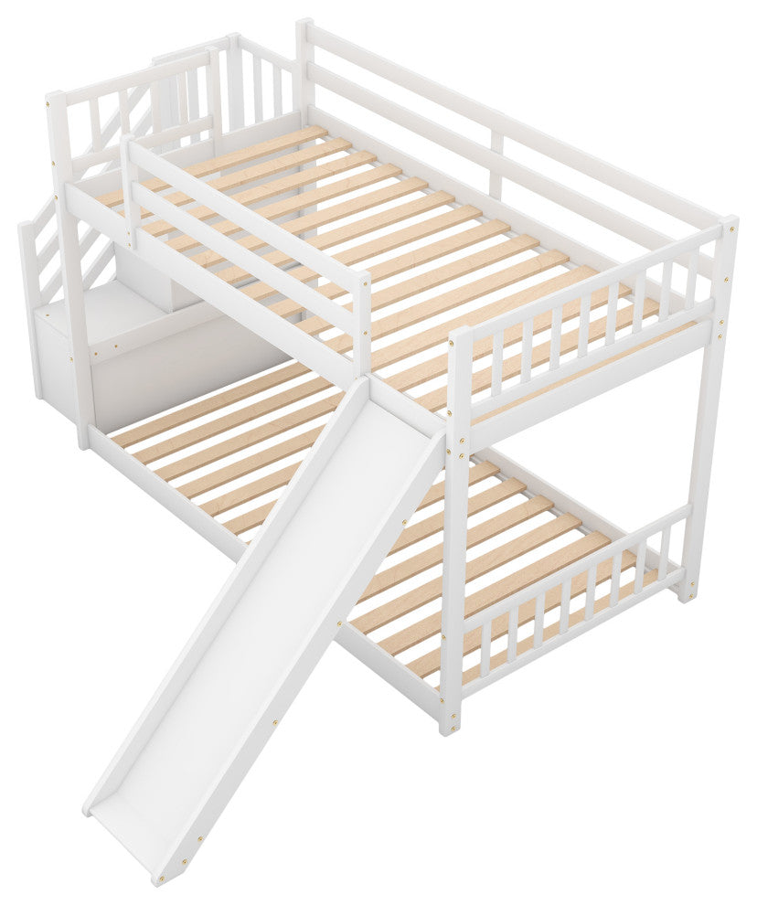 Gewnee Wood Twin Over Twin Bunk Bed with Convertible Slide and Stairway in White