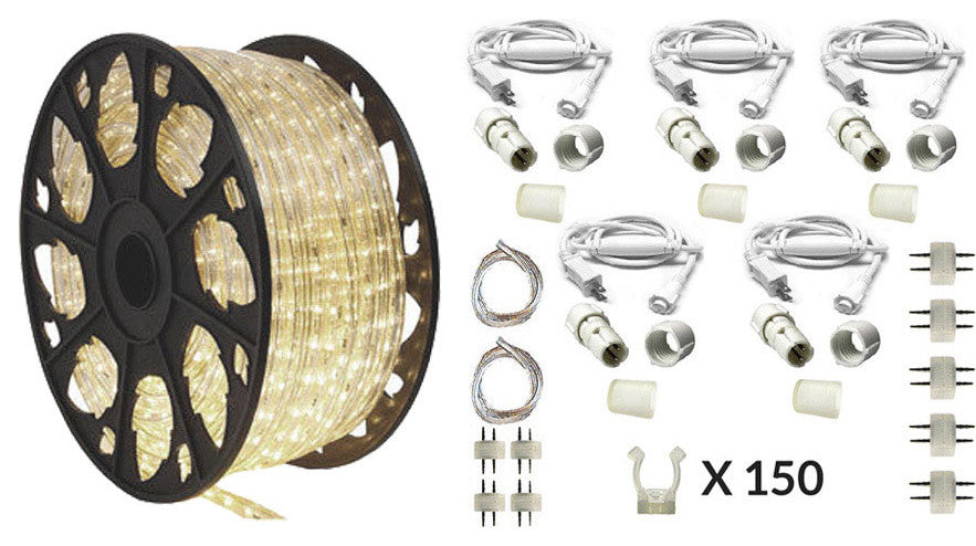 120V Dimmable LED Warm White Rope Light 150' Kit, Deluxe