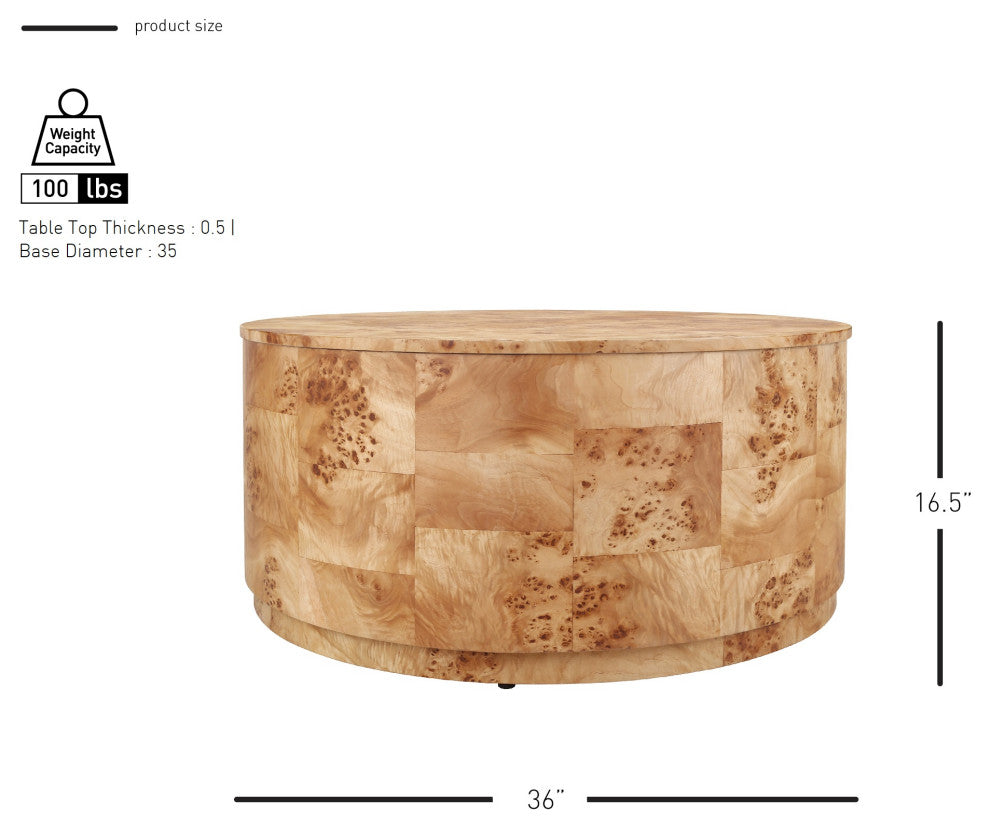 Arsenio Burl Wood Round Table, Natural Burl, Coffee Table