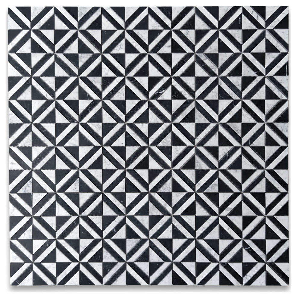 Carrara White Marble Striped Square Maze Mosaic Tile Marquina Black, 1 sheet