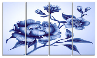 Blue Peony Rose and Sakura Flowers, Floral Canvas Art Print, 48"x28", 4 Panels