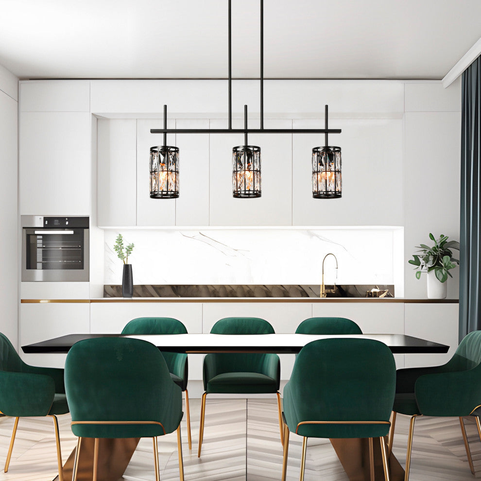 LNC Chispa Black Modern Linear Crystal Large Kitchen Island Light, 3 Lights