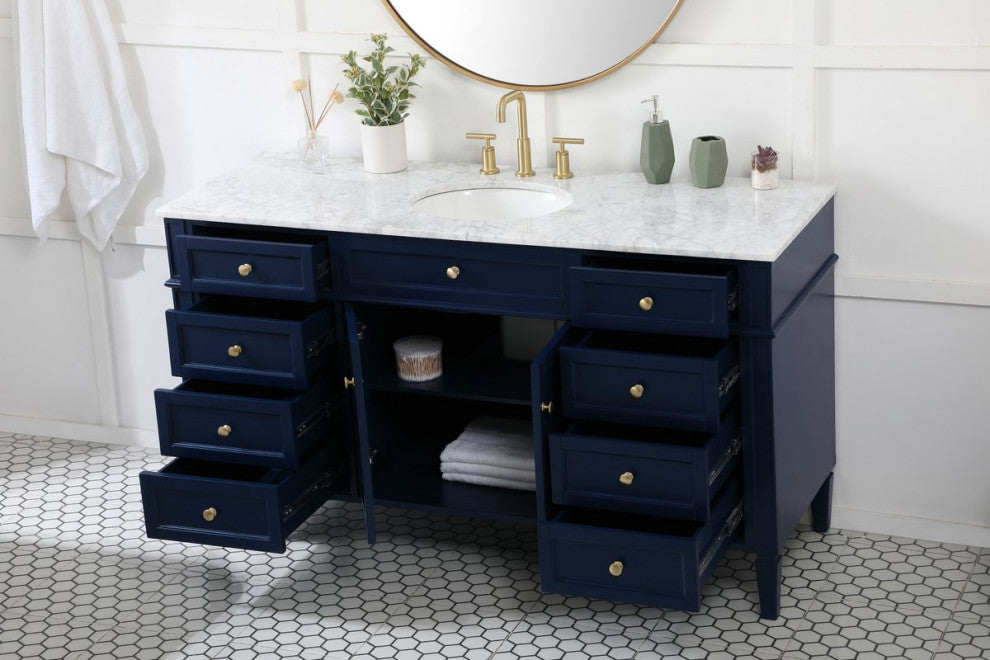 Home Living Vanity with Carrara White Marble Countertop, Blue, 60", Single Sink