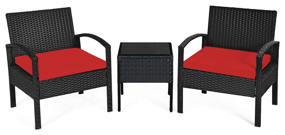 Costway 3PC Patio Rattan Furniture Set Table Conversation Sofa Cushioned Red