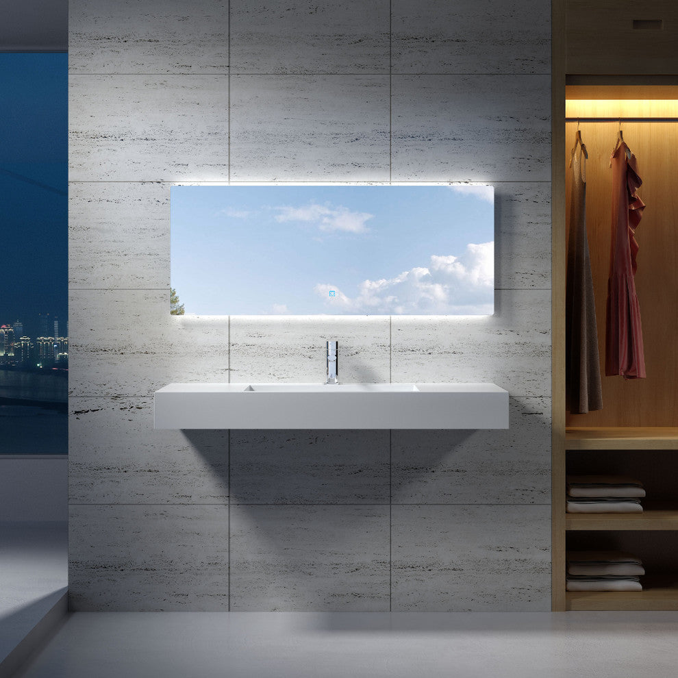47" Polystone Rectangular Wall-Mount Sink, Glossy White, No Faucet