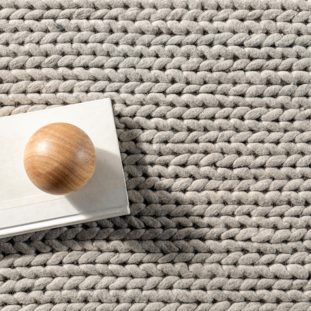 Nuloom Braided Wool Hand Woven Chunky Cable Rug, Light Grey 9'x12'