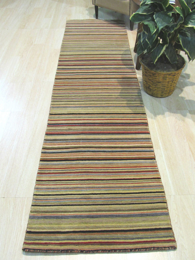 Black/Red Striped Handmade Wool Rug, 2'x10'