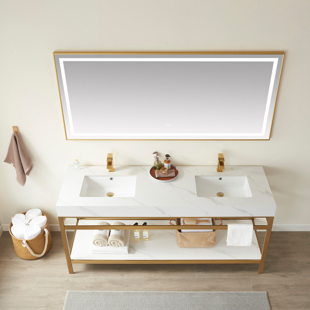 Funes Bath Vanity without Mirror, Brushed Gold Hardware, 72'', White Stone Top
