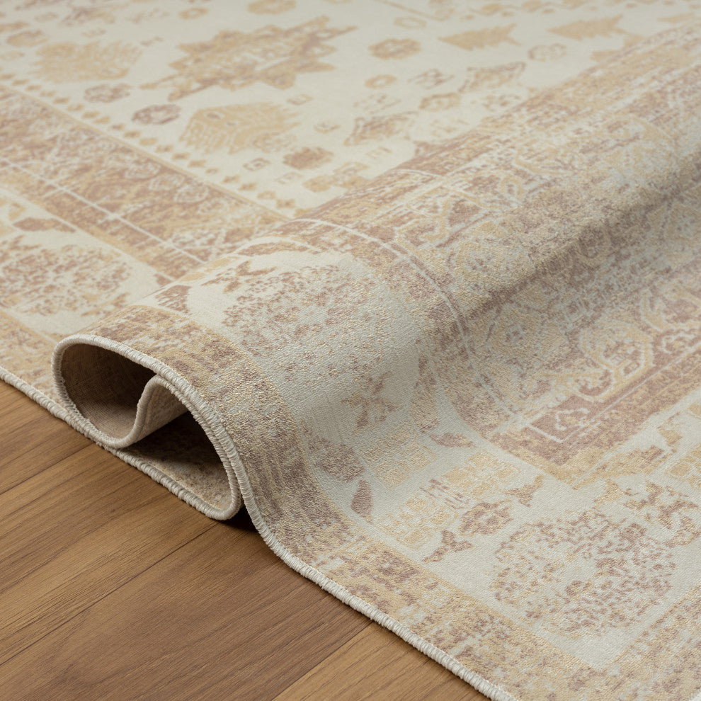 Ayla Beige Traditional Bordered Waterproof Area Rug, 2' X 5'