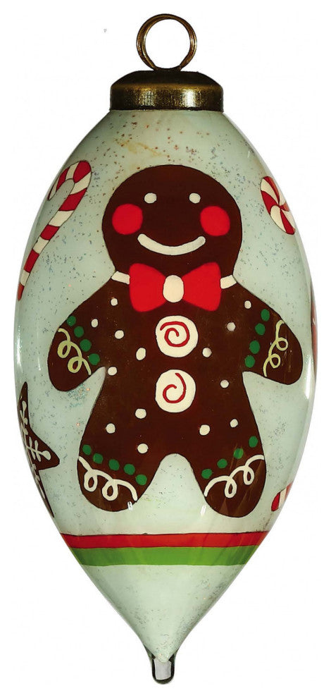 Festive Glitter Gingerbread Man Hand Painted Mouth Blown Glass Ornament