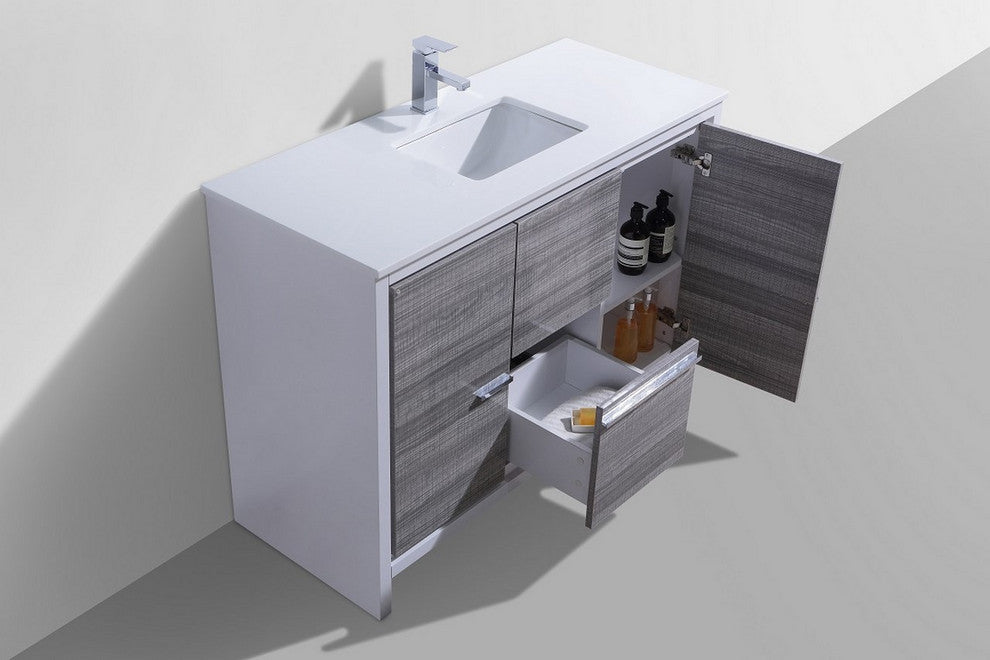 KubeBath Dolce 48" Bathroom Vanity With White Quartz Countertop, Ash Gray, Ash G
