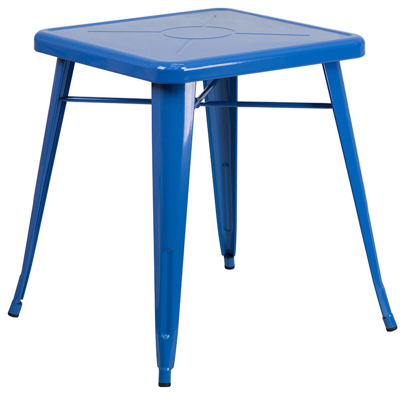 23.75" Square Blue Metal Indoor-Outdoor 3-Piece Table Set With 2 Stack Chairs