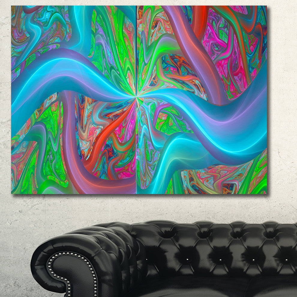 Blue Green Fractal Curves, Oversized Abstract Canvas Art Print, 60x40
