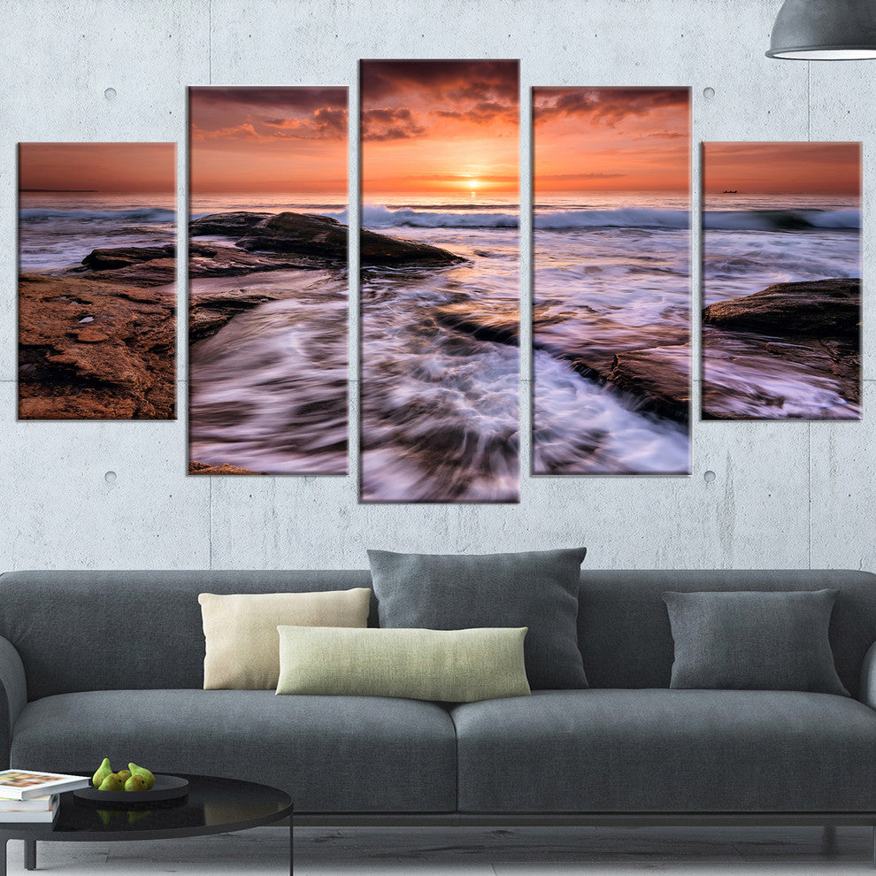 "Waves Hitting Rocky Beach Burgas Bay" Seascape Wall Art, 5 Panels, 60"x32"