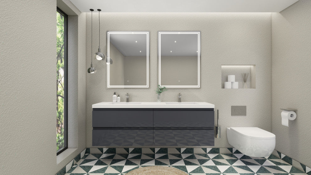 Belli 72" Double Sink Wall Mount Vanity Set, High Gloss Gray, Glossy White Top
