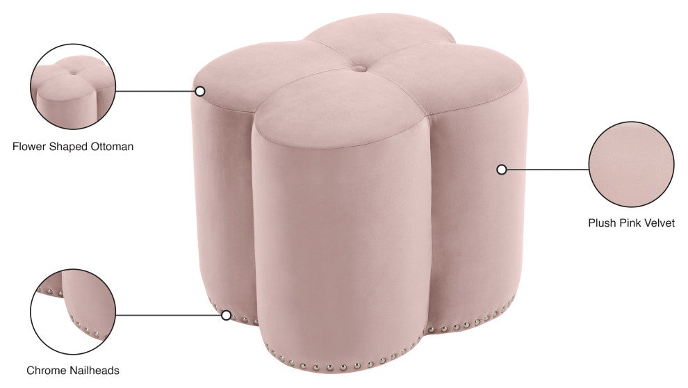 Clover Velvet Upholstered Ottoman, Pink, 19" W x 17" D