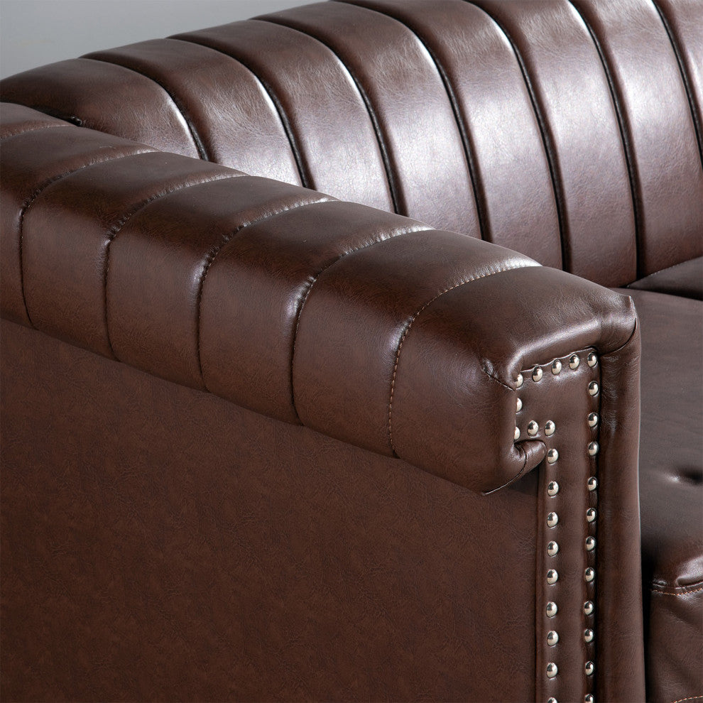 83" Faux leather Square Arm Sofa with Nailhead Trim , Dark Brown