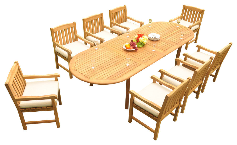 9-Piece Outdoor Teak Dining Set, 117" Extension Oval Table, 8 Devon Arm Chairs