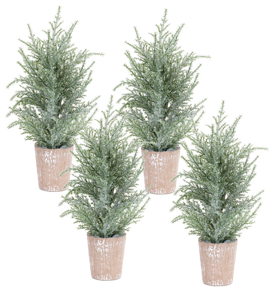 Potted Icy Pine Tree, 4-Piece Set