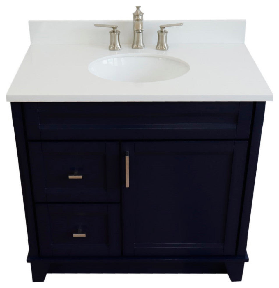 37" Single Sink Vanity, Blue Finish With White Engineered Stone Top