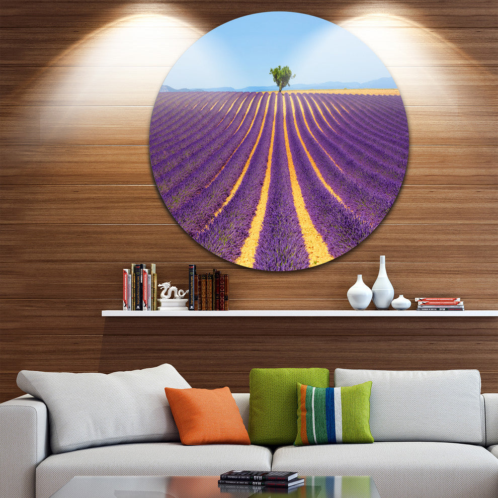 Lonely Uphill Tree In Lavender Field, Landscape Round Wall Art, 36"