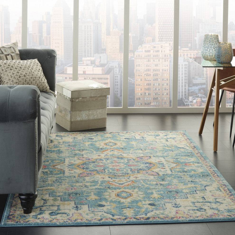 7 x 10 Light Blue and Ivory Distressed Area Rug
