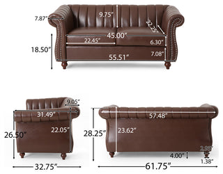 Bauman Modern Glam Channel Stitch Loveseat with Nailhead Trim, Dark Brown and Espresso, Pu