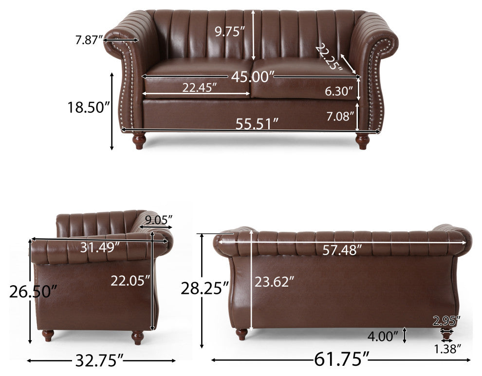 Bauman Modern Glam Channel Stitch Loveseat with Nailhead Trim, Dark Brown and Espresso, Pu