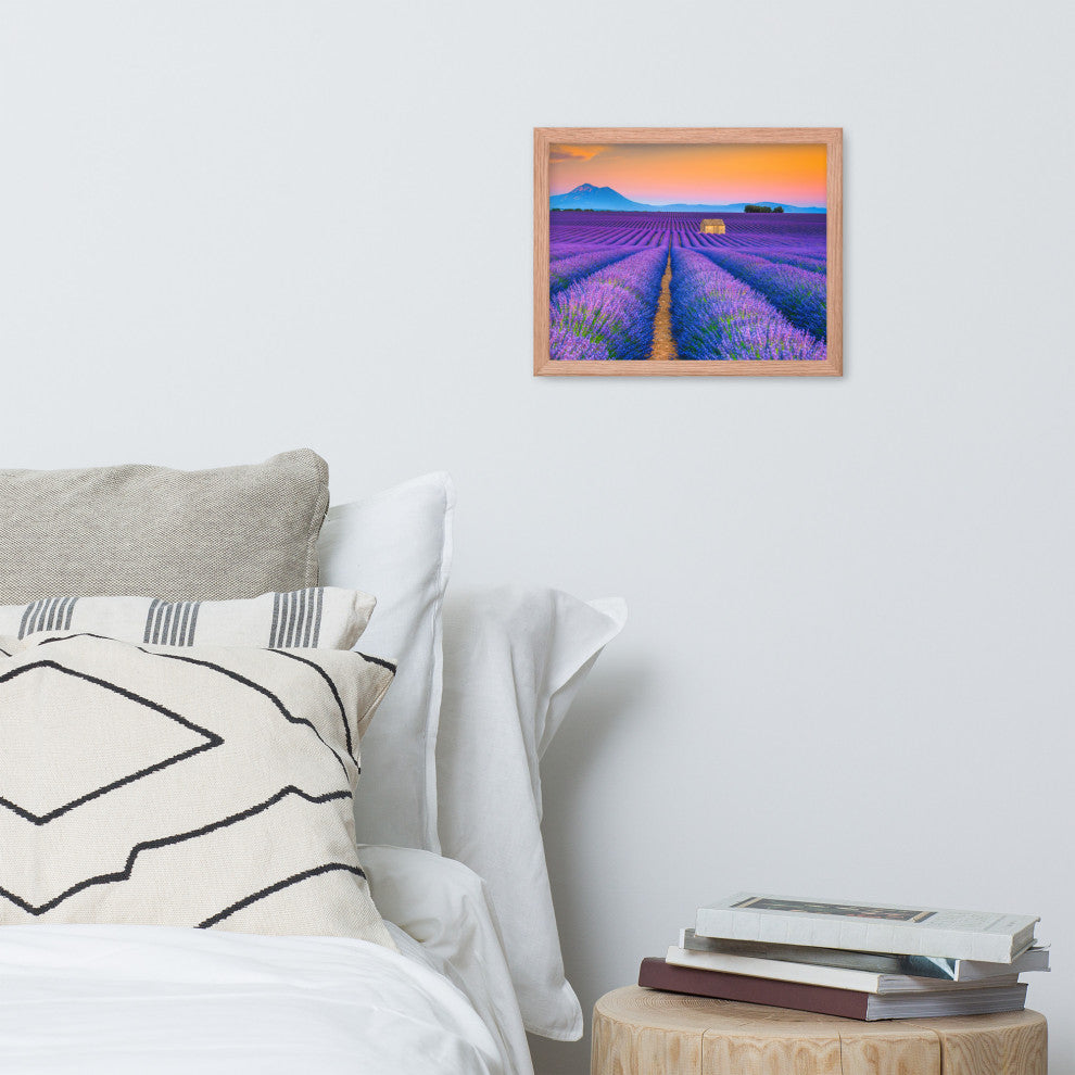 Blooming Lavender Field and Sunset Floral Landscape Framed Photo Wall Art Prints, Red Oak, 11" X 14"