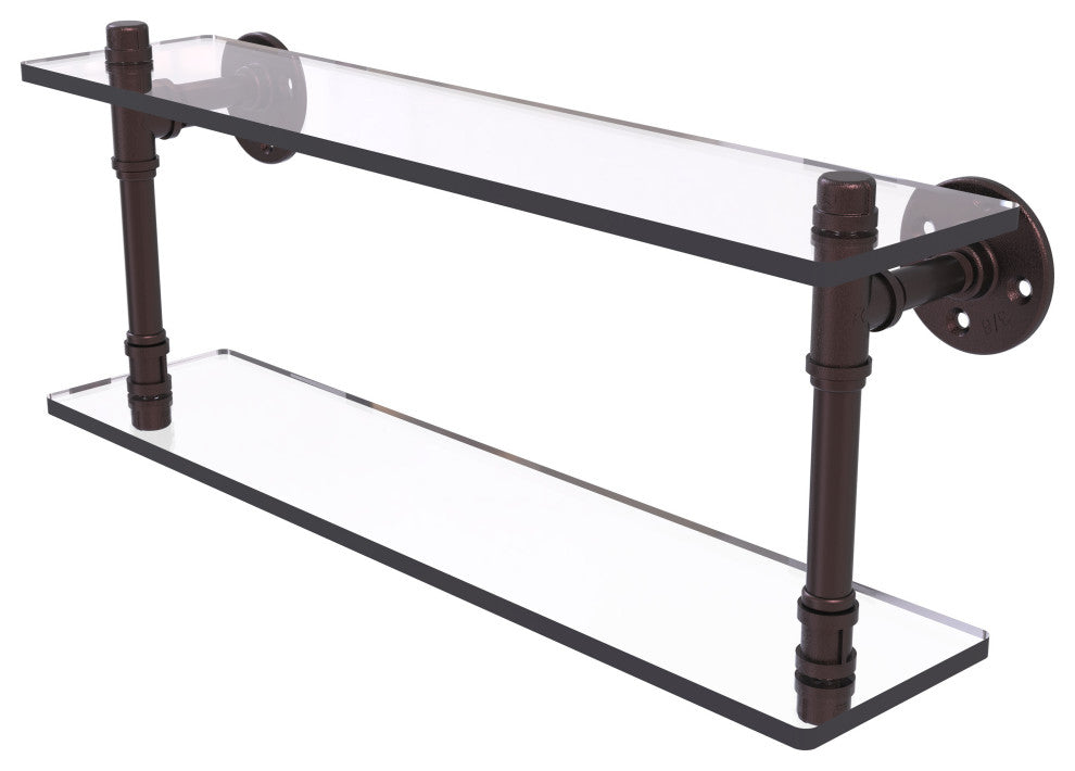 Pipeline Double Glass Shelf, Antique Bronze, 22"