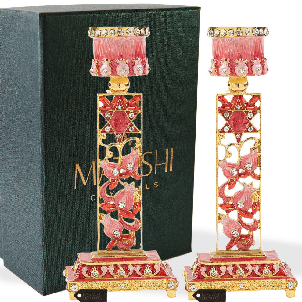 Matashi Shabbat Candlestick Holder (2-Piece Set) Hand-Painted,  Pewter(Red)