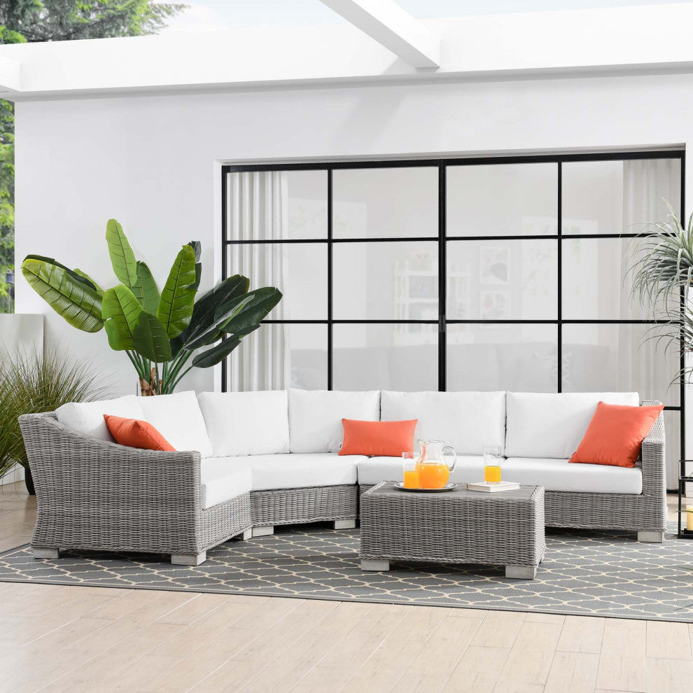 Lounge Sectional Sofa Chair Table Set, Rattan, Wicker, Gray White, Outdoor