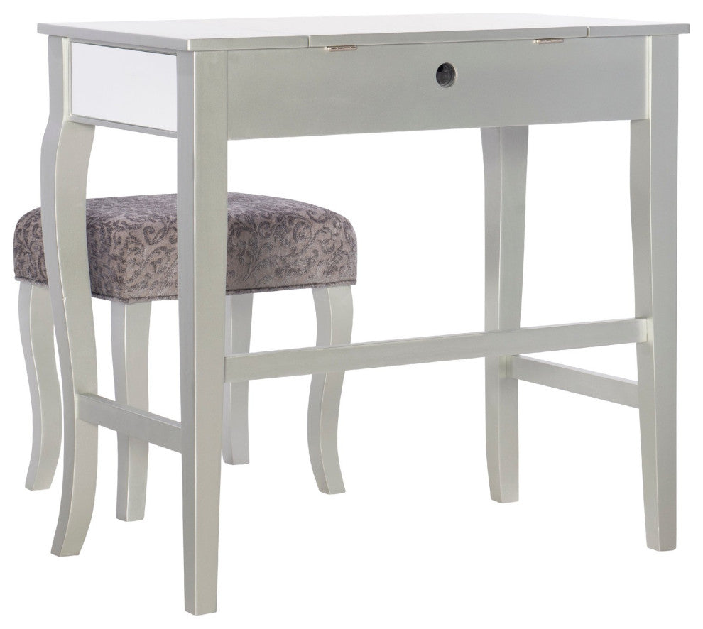 Elegant Vanity Set, Curvy Front Legs, Flip Up Mirror & Mirrored Accents, Silver